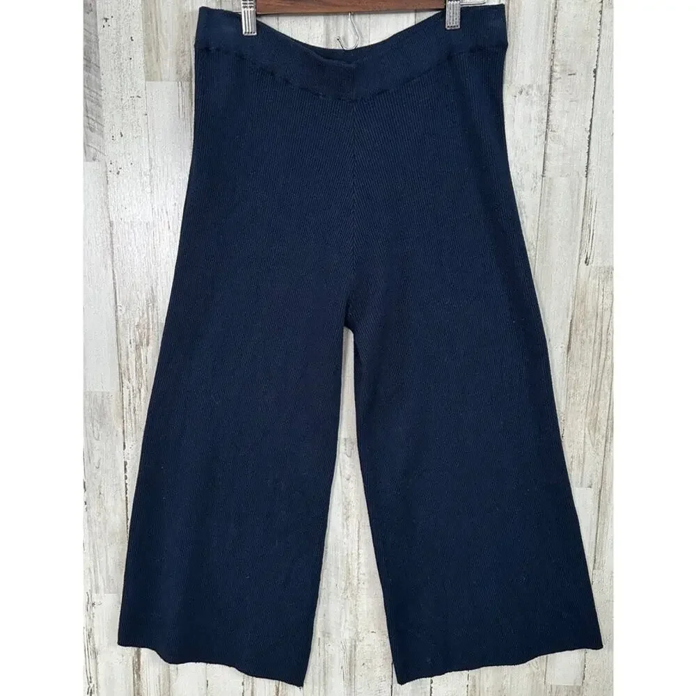 Zara Ribbed Knit Sweater Pants Large Petite Navy Wide Leg Loungewear Cozy Preppy - Picture 1 of 8